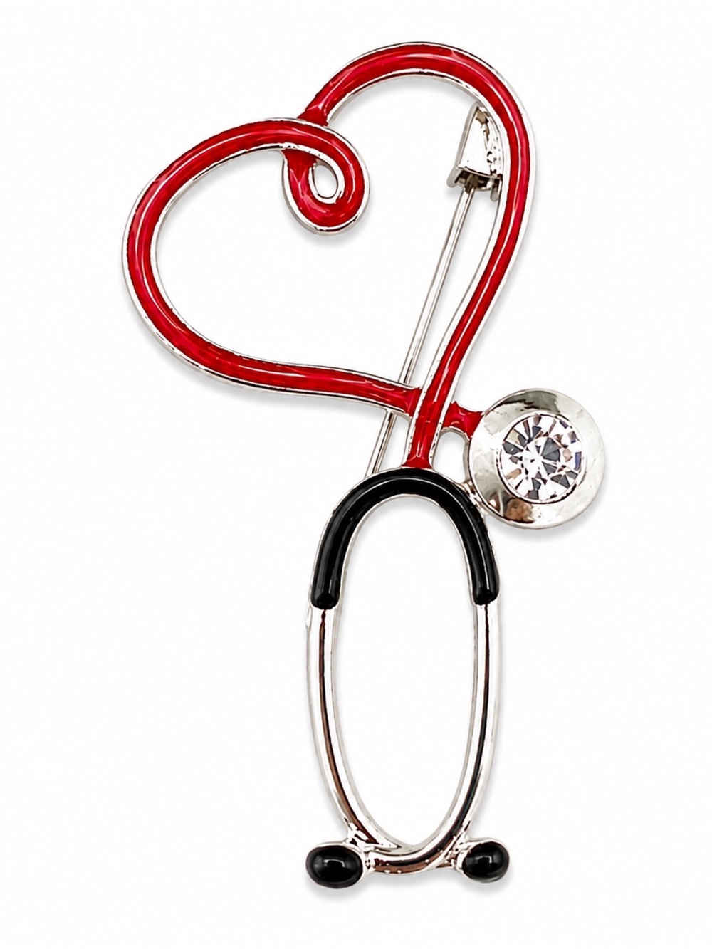 Heart Stethoscope Brooch Pin Red Gold Tone Rhinestone Medical Jewelry
